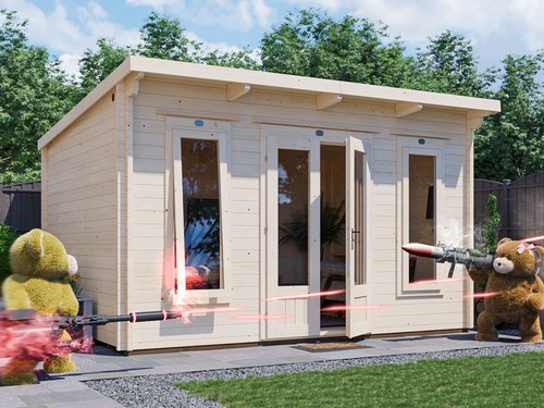 Log cabin garden - log, man